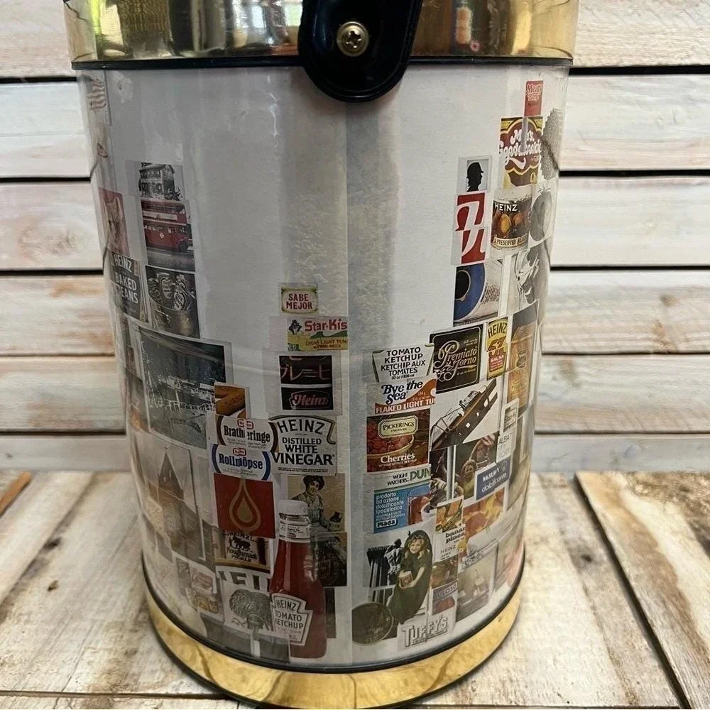 Vintage Retro Advertising Collage Ice Bucket Gold Tone Barware Mid Century
